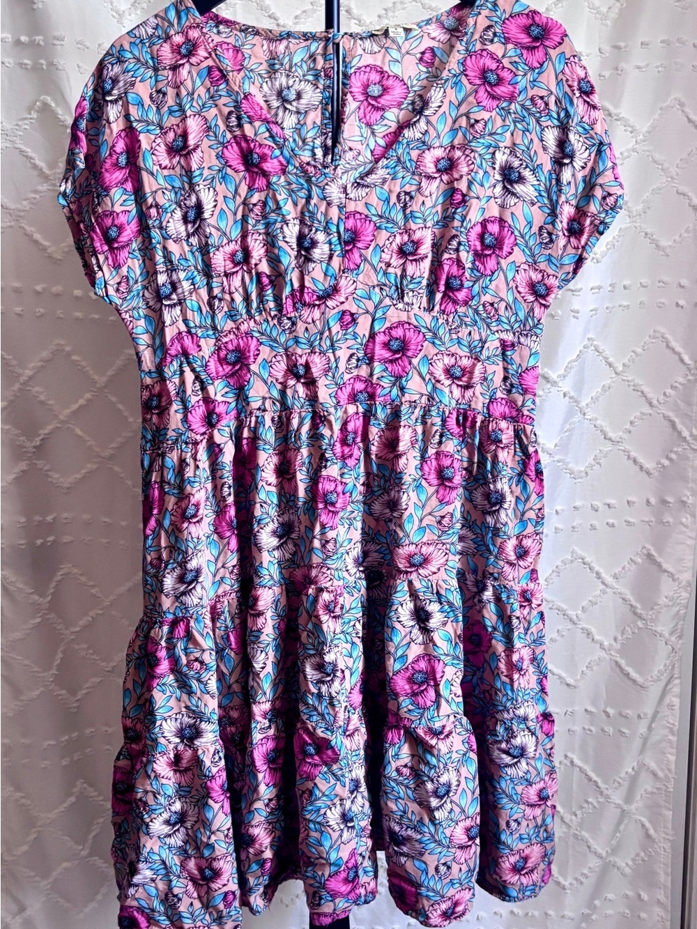 Kori America Floral Babydoll Dress Pink Blue Tiered Mini Dress Small Boho
